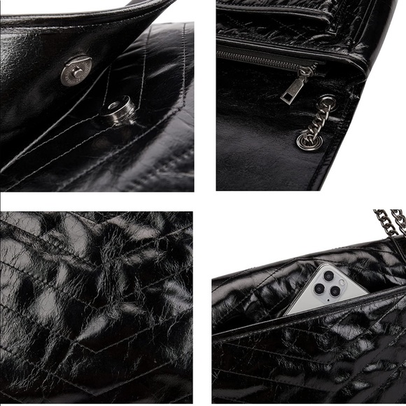 NWT Black Leather Chain Strap Satchel Handbag Shoulder/ Crossbody Bag - Picture 7 of 9